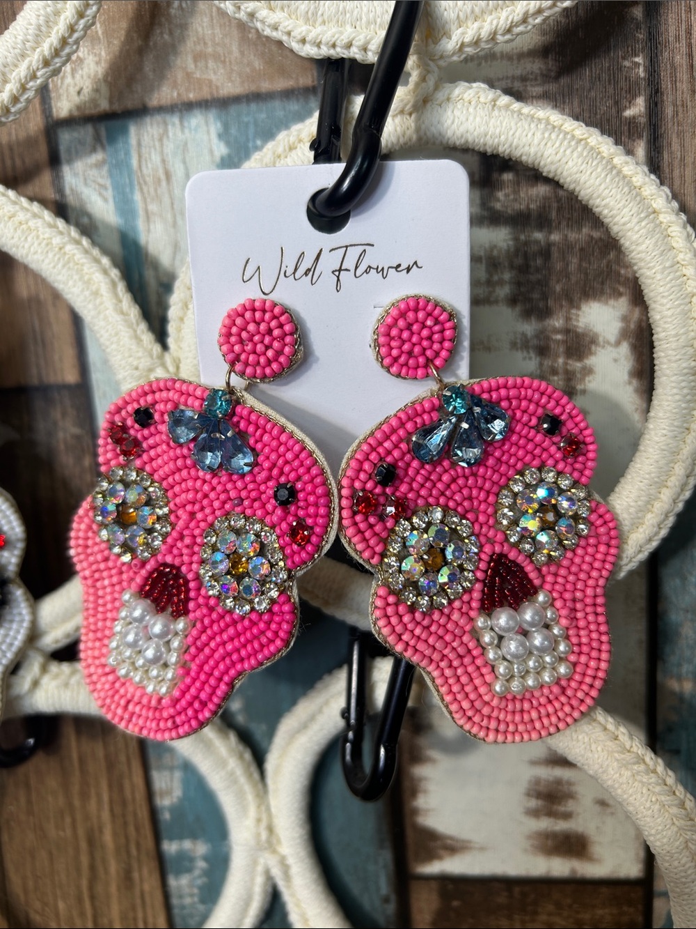 Wildflowers Hot Pink Beaded Skull Drop Earrings with Crystal Accents